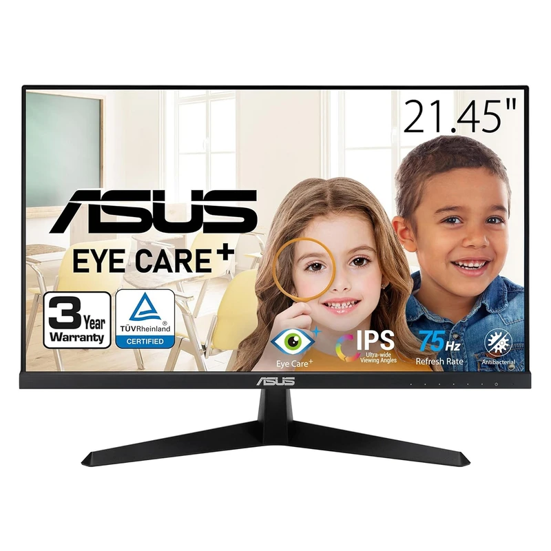 مانیتور 22 اینچ ایسوس مدل VY229HE، رزولوشن Full HD، نرخ بروزرسانی 75 هرتز، پنل IPS، دارای درگاه ارتباطی VGA و HDMI، حالت گیمینگ نرخ نوسازی متغیر (VRR)