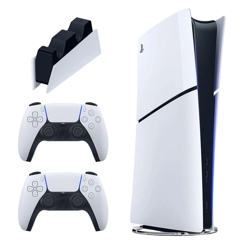 کنسول بازی سونی مدل PlayStation 5 Slim نسخه دیجیتال ریجن اروپا سری 2016B با ظرفیت حافظه داخلی 1 ترابایت به همراه یک عدد کنترلر اضافه به رنگ‌ Robot White به همراه پایه شارژر کنترلر، حداکثر وضوح تصویر خروجی 4K
