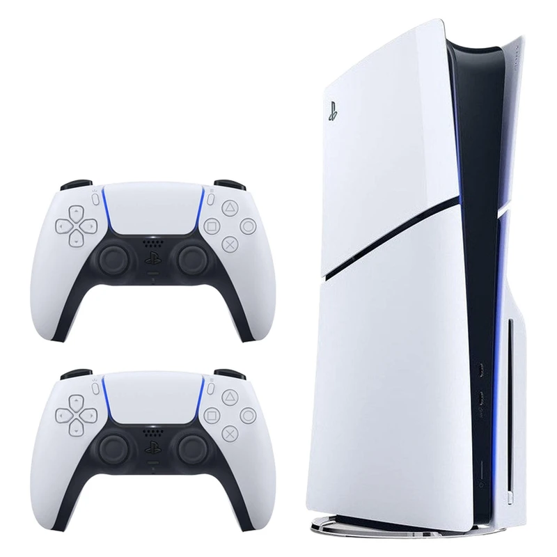 کنسول بازی سونی مدل PlayStation 5 Slim نسخه دیسک‌خور، ریجن اروپا سری 2016A با ظرفیت حافظه داخلی 1 ترابایت به همراه یک عدد کنترلر اضافه به رنگ Original White، حداکثر وضوح تصویر خروجی 4K و حداکثر نرخ به‌روزرسانی قابل پشتیبانی تا 120 فریم بر ثانیه